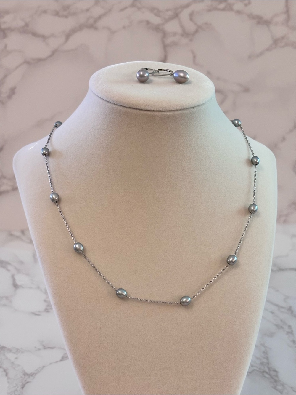 EFFY Sterling Silver Grey Cultured Pearl Station Necklace & 925 Earring Set 24"